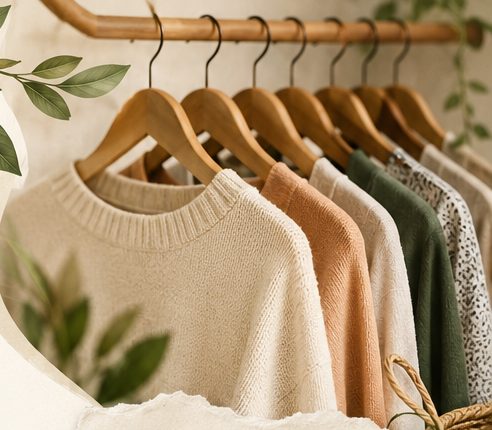 Prendas colgadas en ganchos de madera