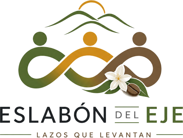 Logo de Eslabón del Eje: tres figuras entrelazadas en verde, dorado y tierra bajo las montañas y el sol, con una flor y un grano de café